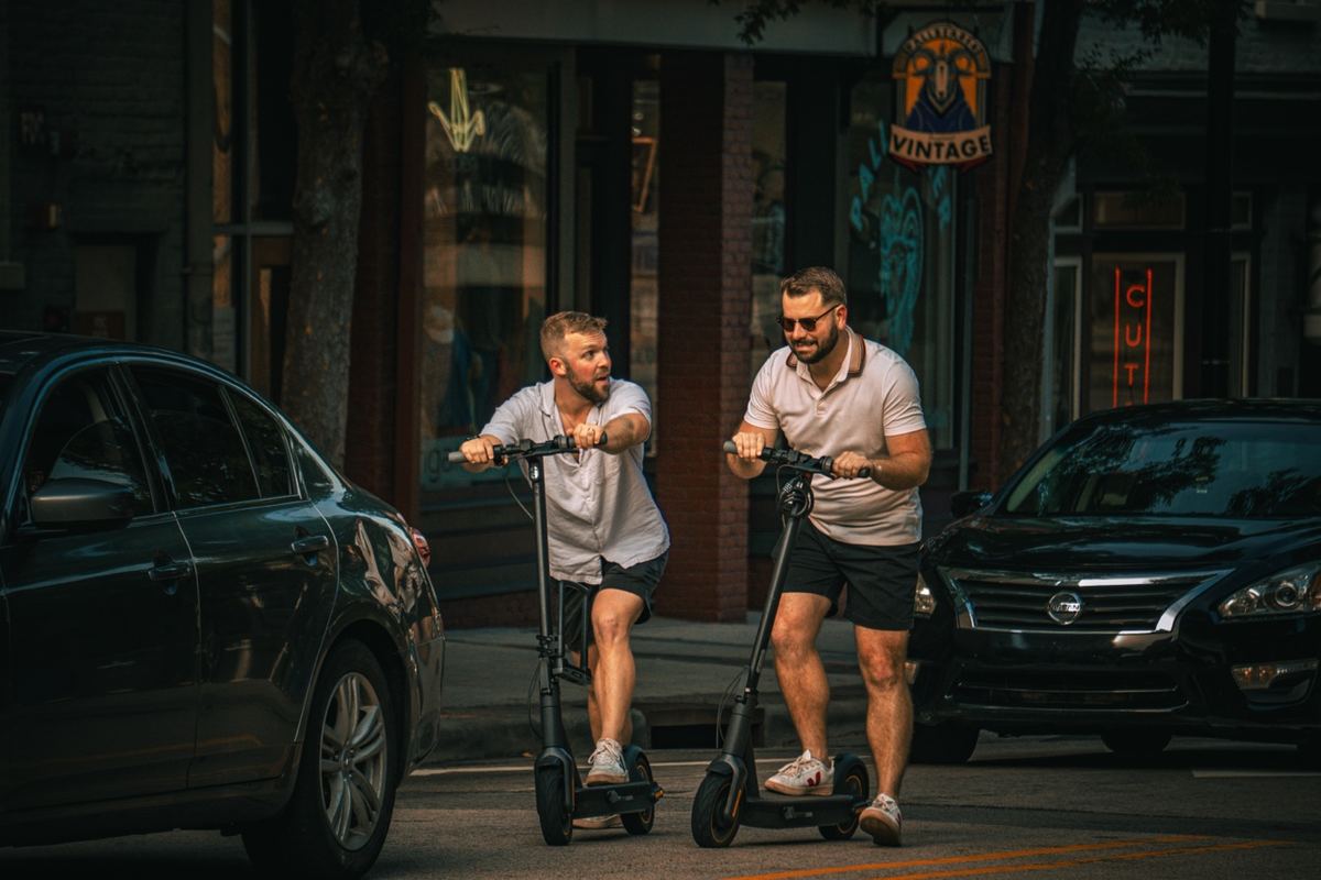 Two friends riding scooters down a downtown Raleigh street at night