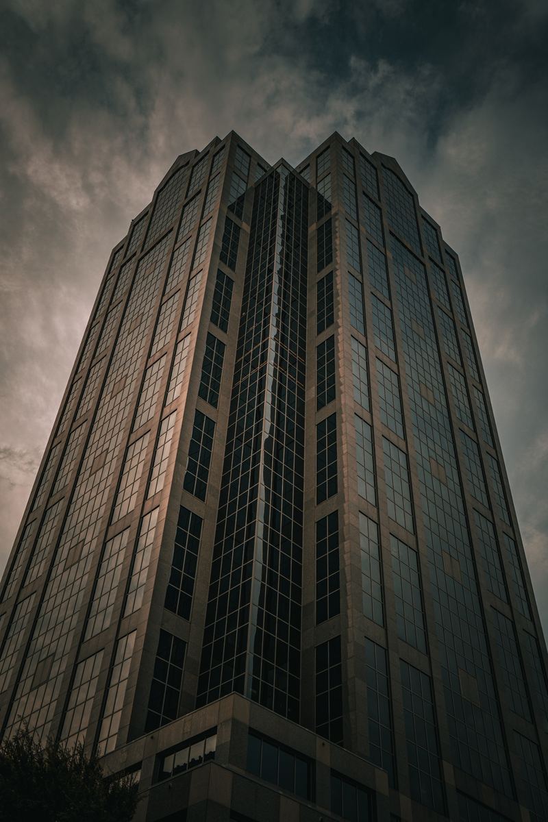 Glass skyscraper rising into a moody sky in downtown Raleigh