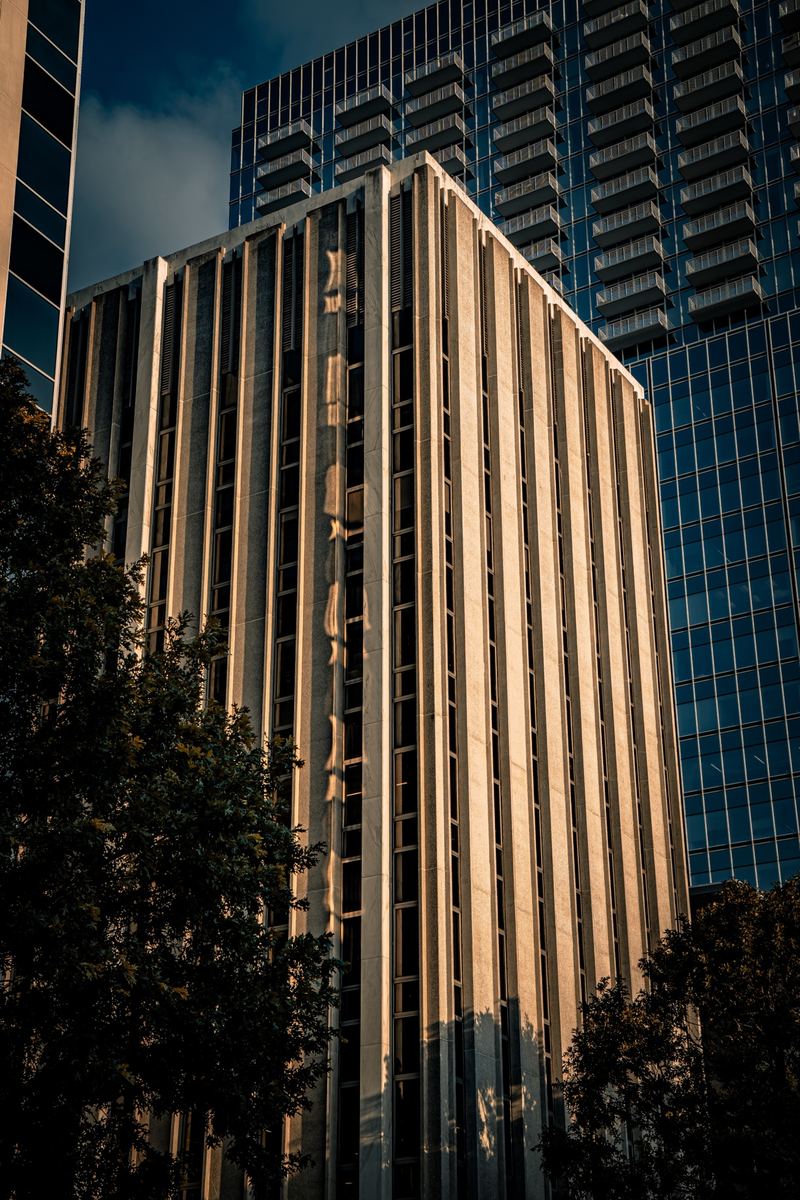 Downtown Raleigh office towers photographed from street level