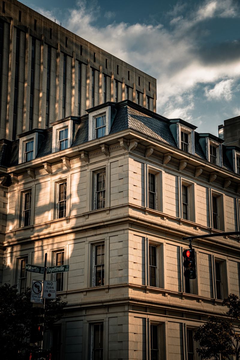 Historic downtown Raleigh building bathed in golden-hour light