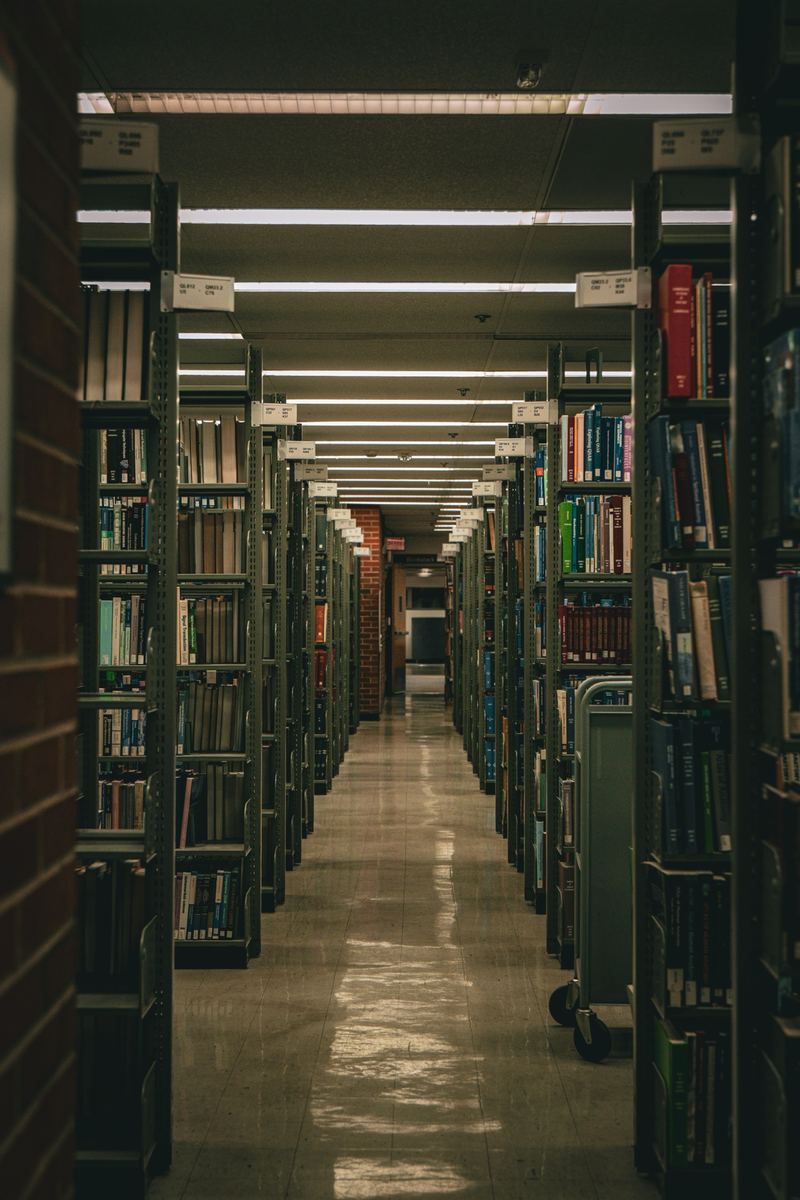 Library bookshelf corridor receding into warm light